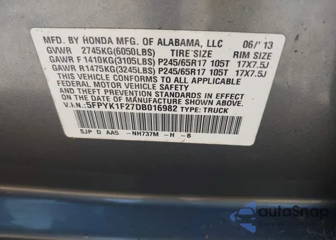 2013 Honda Ridgeline Rt from USA, damaged, VIN 5FPYK1F27DB016982